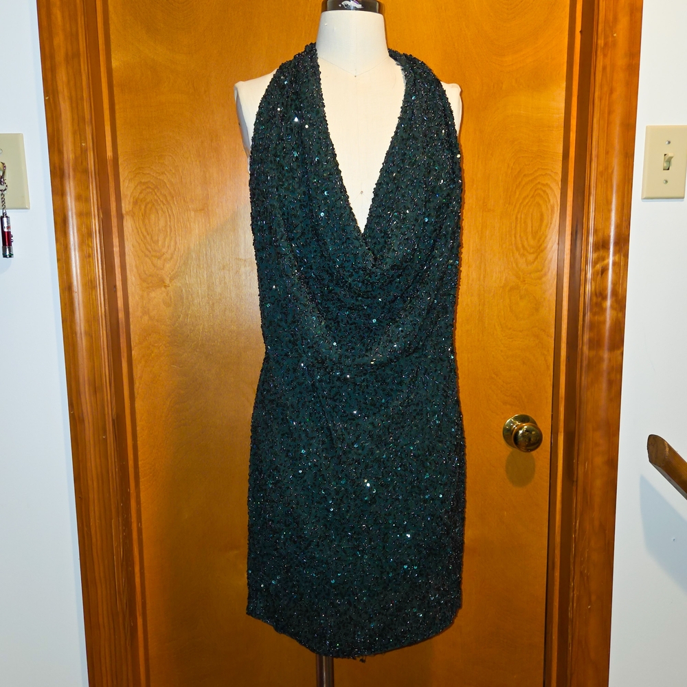 Haute Hippie Green Beaded Sequin Backless Vintage Dress